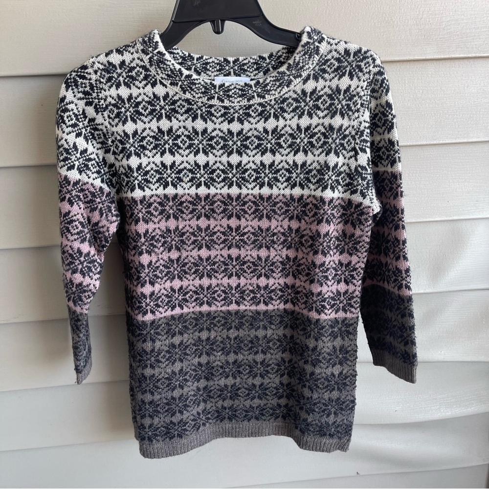 Garnet Hill Sweater Fair Isle Nordic Print XS 3/4 Sleeves Purple Brown Black